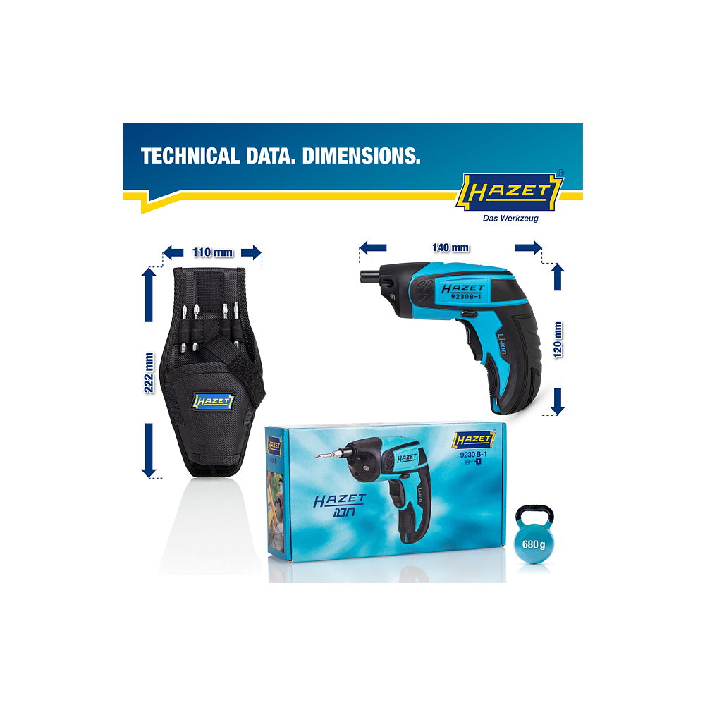 HAZET Wkrętarka akumulatorowa do bit&oacute;w zestaw ∙ mini 9230B-1 ∙ 4.5 Nm ∙ Profil wewnętrzny TORX&reg;, Profil Pozidriv PZ, Gniazdo sześciokątne, Zabierak sześciokątny drążony 1/4 cala (6,3&nbsp;mm) ∙ 7‑częściowy ∙ 4 ∙ PZ1 ∙ PZ2 ∙ T20