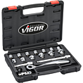 VIGOR Zestaw kluczy nasadowych ∙ bardzo płaskie ∙ V6202 ∙ Zabierak kwadratowy drążony 3/8 cala (10&nbsp;mm) ∙ Profil z&nbsp;gniazdem zewnętrznym 6-kątnym ∙ 18‑częściowy ∙ 8&nbsp;&ndash;&nbsp;22 ∙ Liczba narzędzi: 18
