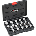 VIGOR Zestaw kluczy nasadowo-przegubowych ∙ V7513 ∙ Zabierak kwadratowy drążony 3/8 cala (10 mm) ∙ Profil zewnętrzny 12-kątny ∙ 10‑częściowy ∙ 10 – 19 mm ∙ Liczba narzędzi: 10