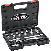 VIGOR Zestaw kluczy nasadowych ∙ bardzo płaskie ∙ V6202 ∙ Zabierak kwadratowy drążony 3/8 cala (10&nbsp;mm) ∙ Profil z&nbsp;gniazdem zewnętrznym 6-kątnym ∙ 18‑częściowy ∙ 8&nbsp;&ndash;&nbsp;22 ∙ Liczba narzędzi: 18