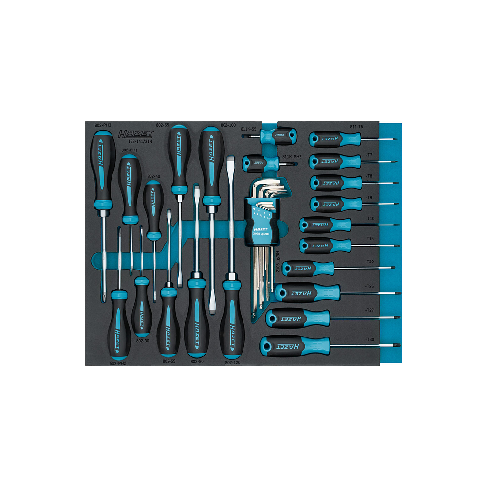 HAZET Zestaw wkrętak&oacute;w 163-141/31N ∙ Profil gniazdo krzyżowe PH, Profil z&nbsp;gniazdem sześciokątnym, Profil szczelinowy, Profil wewnętrzny TORX&reg; ∙ 31‑częściowy ∙ 1,5&thinsp;&ndash;&thinsp;10 ∙ PH1&thinsp;&ndash;&thinsp;PH3 ∙ T6&thinsp;&ndash;&thinsp;T30