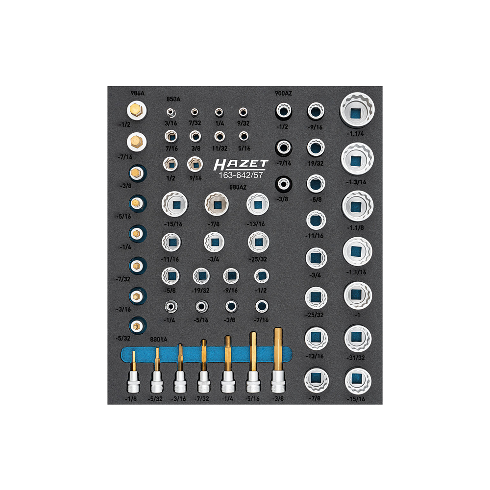HAZET Zestaw kluczy nasadowych 163-642/57 ∙ Zabierak kwadratowy drążony 1/4 cala (6,3 mm), Zabierak kwadratowy drążony 3/8 cala (10 mm), Zabierak kwadratowy drążony 1/2 cala (12,5 mm) ∙ Profil Traction zewnętrzny 12-kątny, Profil z gniazdem sześcioką