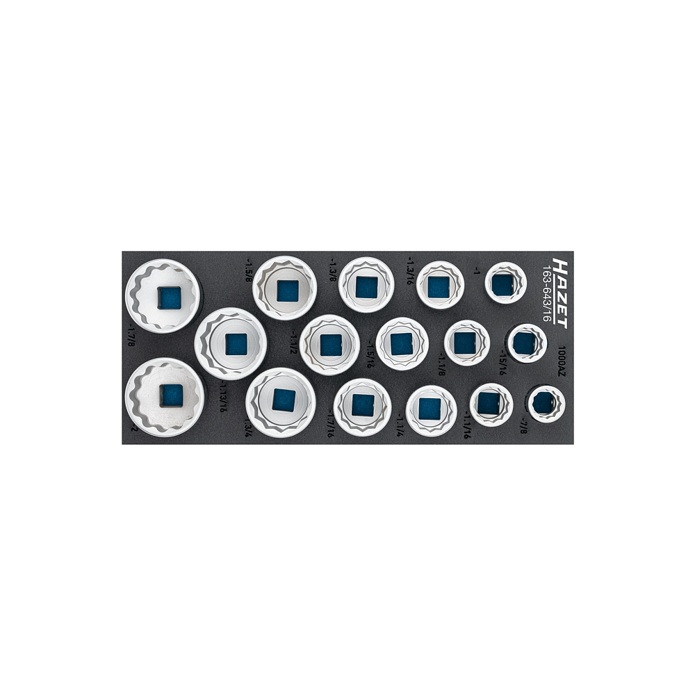 HAZET Zestaw kluczy nasadowych 163-643/16 ∙ Zabierak kwadratowy drążony 3/4 cala (20 mm) ∙ Profil Traction zewnętrzny 12-kątny ∙ 16‑częściowy ∙ <sup>7</sup>⁄<sub>8</sub>″ – 2″