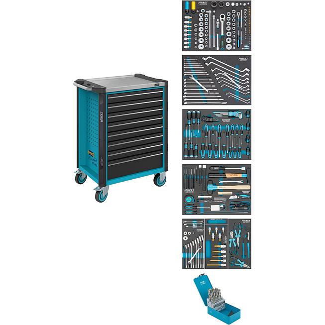 HAZET Werkstattwagen Assistent 179NX ∙ Sortiment 179NX-8/252 ∙ 252-teilig ∙ Schubladen, flach: 7× 81 x 522 x 398 mm ∙ Schubladen, hoch: 1× 166 x 522 x 398 mm