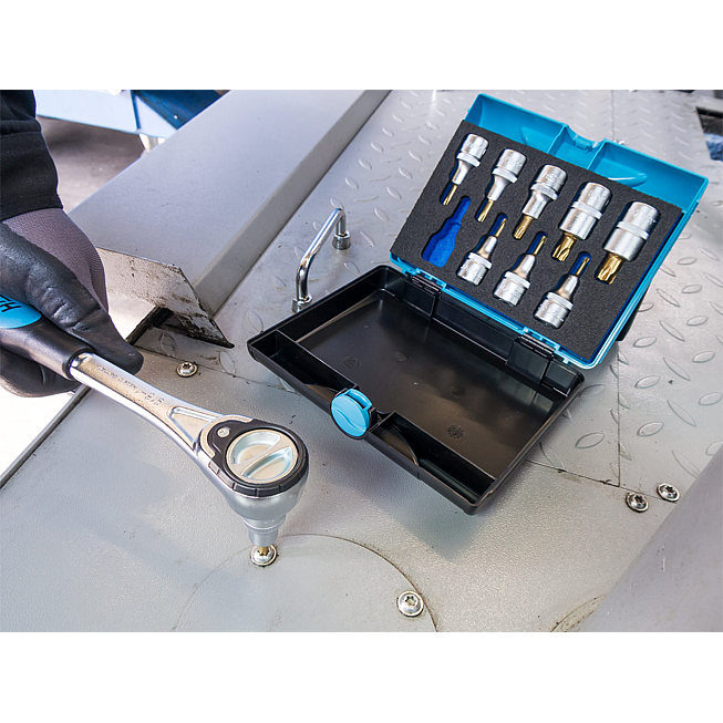 HAZET Zestaw kluczy nasadowych trzpieniowych 992/9 ∙ Zabierak kwadratowy drążony 1/2 cala (12,5&nbsp;mm) ∙ Profil wewnętrzny TORX&reg; ∙ 9‑częściowy ∙ T20&thinsp;&ndash;&thinsp;T60