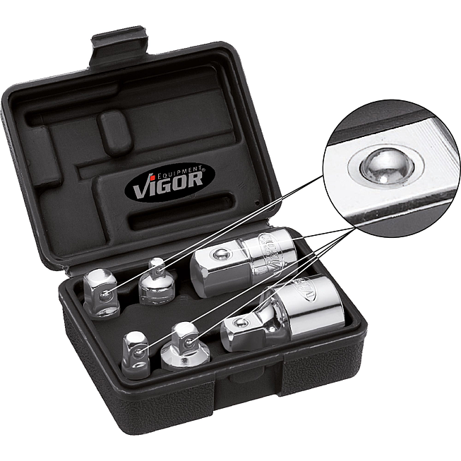 VIGOR Zestaw adapter&oacute;w ∙ V1293 ∙ Zabierak kwadratowy drążony 1/4 cala (6,3&nbsp;mm), Zabierak kwadratowy drążony 3/8 cala (10&nbsp;mm), Zabierak kwadratowy drążony 1/2 cala (12,5&nbsp;mm), Zabierak kwadratowy drążony 3/4 cala (20&nbsp;mm) ∙ Zabierak kwadratowy masywny 1