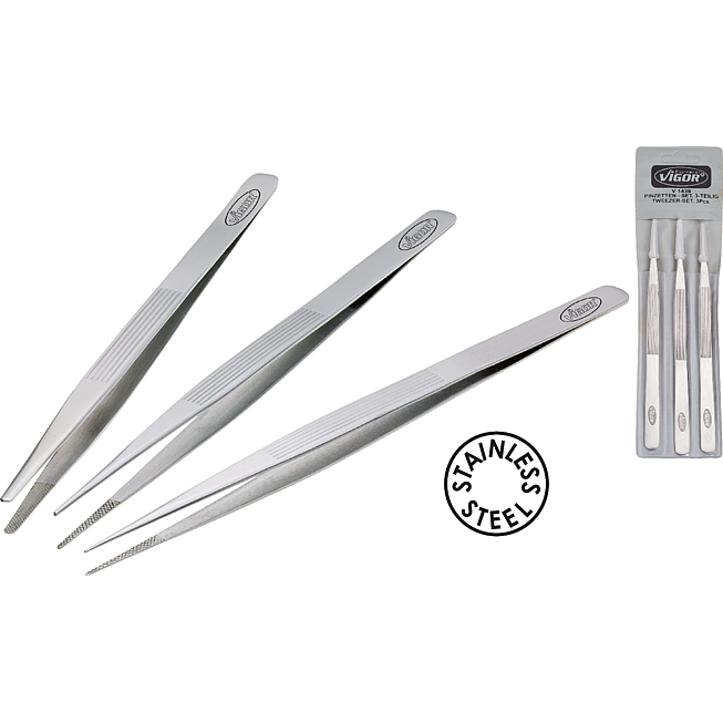 VIGOR Zestaw pincet ∙ V1438 ∙ 3‑częściowy ∙ Liczba narzędzi: 3