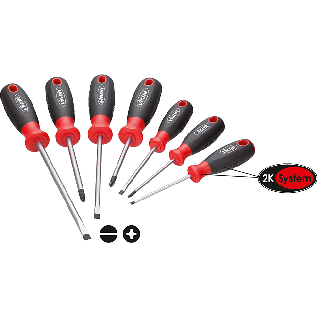 VIGOR Zestaw wkrętak&oacute;w ∙ V1637 ∙ Profil gniazdo krzyżowe PH, Profil szczelinowy ∙ 7‑częściowy ∙ 0,6&nbsp;x&nbsp;3&nbsp;&ndash;&nbsp;1,2&nbsp;x&nbsp;6,5 &middot; PH0&nbsp;&ndash;&nbsp;PH2 ∙ Liczba narzędzi: 7