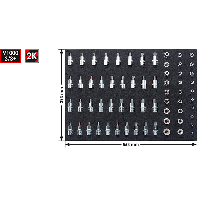 VIGOR Zestaw kluczy nasadowych ∙ V2837 ∙ Zabierak kwadratowy drążony 1/4 cala (6,3&nbsp;mm), Zabierak kwadratowy drążony 3/8 cala (10&nbsp;mm), Zabierak kwadratowy drążony 1/2 cala (12,5&nbsp;mm) ∙ Profil zewnętrzny TORX&reg;, Profil wewnętrzny klinowy Ribe-CV, Profil 
