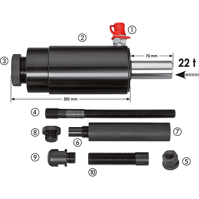 VIGOR Siłownik hydrauliczny dwustronnego działania ∙ 22&nbsp;tony ∙ V2854 ∙ 10‑częściowy ∙ Liczba narzędzi: 10 ∙ Wallmek-No: 1090-02-WAL