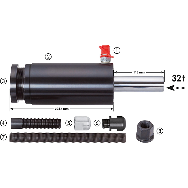 VIGOR Siłownik hydrauliczny dwustronnego działania ∙ 32&nbsp;tony ∙ V2874 ∙ 8‑częściowy ∙ Liczba narzędzi: 8