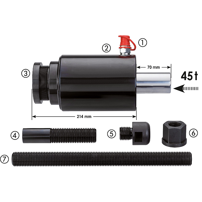 VIGOR Siłownik hydrauliczny dwustronnego działania ∙ 45&nbsp;ton ∙ V4229 ∙ 7‑częściowy ∙ Liczba narzędzi: 7 ∙ Wallmek-No: 03-00026