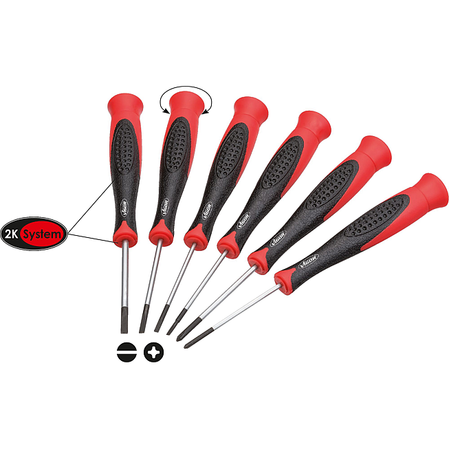 VIGOR Zestaw wkrętak&oacute;w do elektroniki ∙ V4303 ∙ Profil gniazdo krzyżowe PH, Profil szczelinowy ∙ 6‑częściowy ∙ 1,6 &middot; 2 &middot; 2,4 &middot; 3&nbsp;mm &middot; PH&nbsp;00 &middot; PH&nbsp;0 ∙ Liczba narzędzi: 6