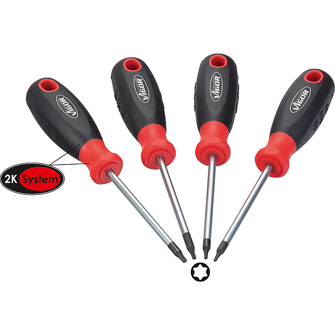 VIGOR Zestaw wkrętak&oacute;w ∙ V4418 ∙ Profil wewnętrzny TORX&reg; ∙ 4‑częściowy ∙ T6 ∙ T7 ∙ T8 ∙ T9 ∙ Liczba narzędzi: 4