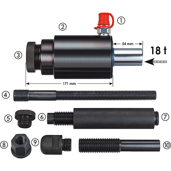 VIGOR Siłownik hydrauliczny dwustronnego działania ∙ 18&nbsp;ton ∙ V4551 ∙ 10‑częściowy ∙ Liczba narzędzi: 10