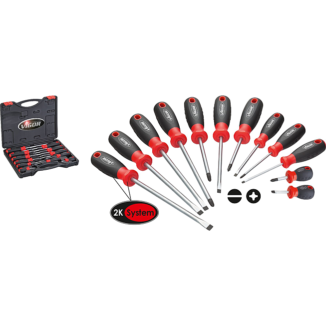 VIGOR Zestaw wkrętak&oacute;w ∙ V4655 ∙ Profil gniazdo krzyżowe PH, Profil szczelinowy ∙ 12‑częściowy ∙ 0,6&nbsp;x&nbsp;3&nbsp;&ndash;&nbsp;1,6&nbsp;x&nbsp;10 &middot; PH0&nbsp;&ndash;&nbsp;PH3 ∙ Liczba narzędzi: 12