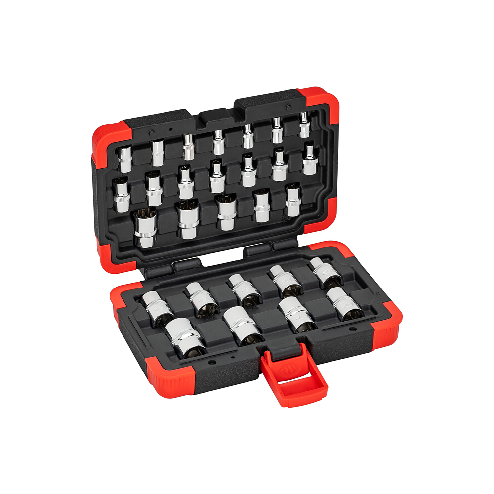 VIGOR T Steckschlüsseleinsatz Satz ∙ V2687N ∙ 1/4 Zoll (6,3 mm) Vierkant hohl, 3/8 Zoll (10 mm) Vierkant hohl, 1/2 Zoll (12,5 mm) Vierkant hohl ∙ 28-teilig ∙ E4 – E24 ∙ Anzahl Werkzeuge: 28