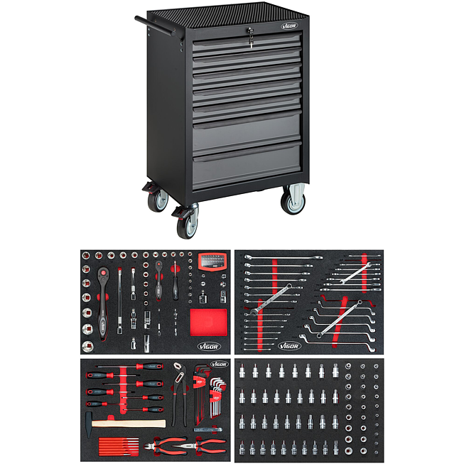VIGOR Werkstattwagen Series M ∙ mit Sortiment ∙ V2712N ∙ 320-teilig ∙ Anzahl Werkzeuge: 320