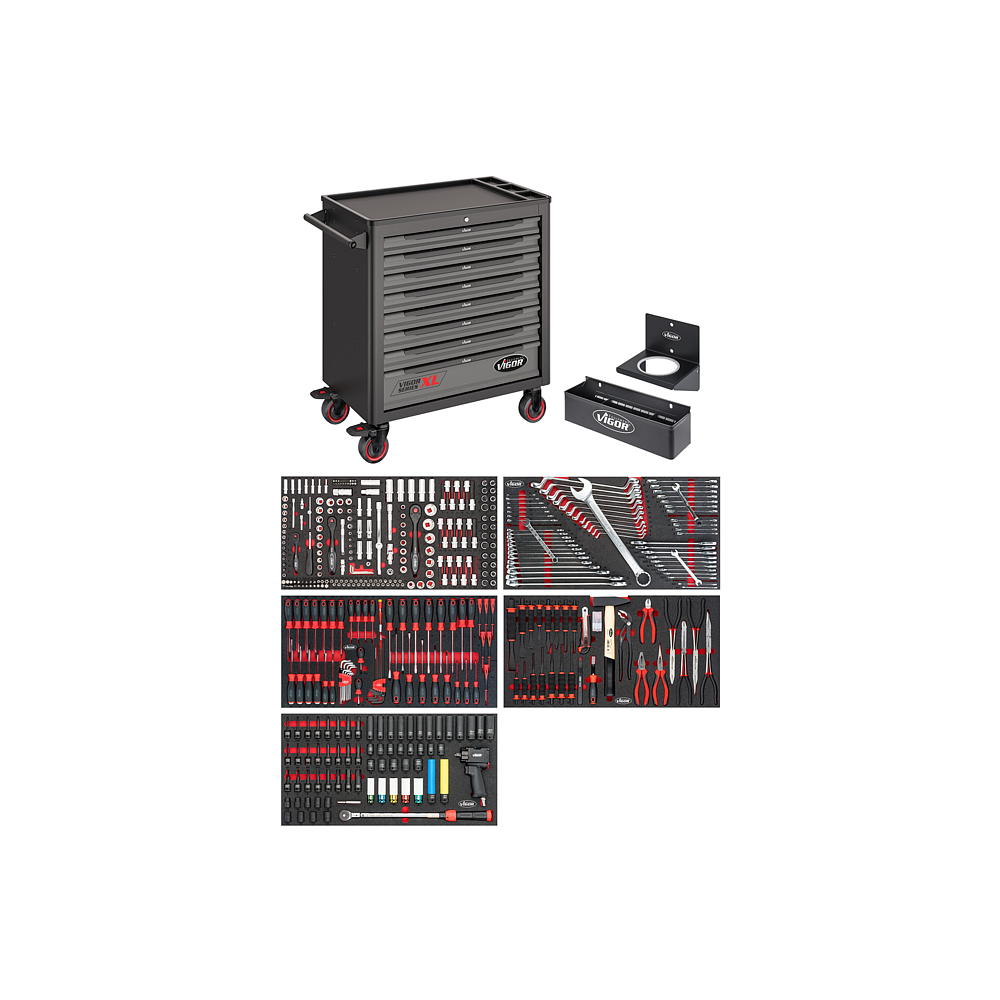 VIGOR Wózek narzędziowy serii XL ∙ płyta robocza z tworzywa sztucznego ∙ z wyposażeniem ∙ V4481/466 ∙ 466‑częściowy ∙ Liczba narzędzi: 466 VIGOR Wózek narzędziowy serii XL ∙ płyta robocza z tworzywa sztucznego ∙ z wyposażeniem ∙ V4481/466 ∙ 466‑częściowy ∙ Liczba narzędzi: 466