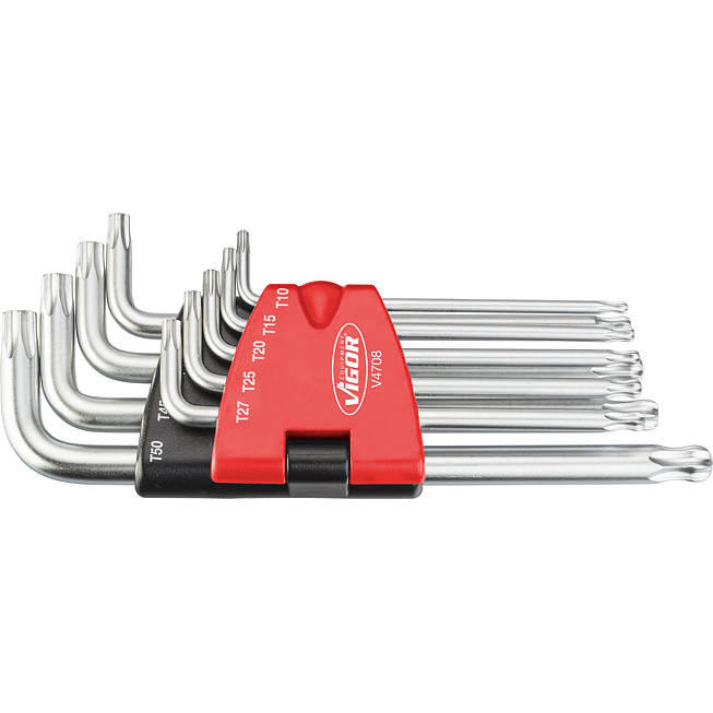 VIGOR T Winkelschraubendreher Satz ∙ lang ∙ Kugelkopf ∙ V4708 ∙ Innen TORX® Profil ∙ 9-teilig ∙ T10 · T15 · T20 · T25 · T27 · T30 · T40 · T45 · T50 ∙ Anzahl Werkzeuge: 9