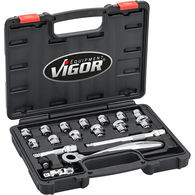 VIGOR Zestaw kluczy nasadowych ∙ bardzo płaskie ∙ V6202 ∙ Zabierak kwadratowy drążony 3/8 cala (10&nbsp;mm) ∙ Profil z&nbsp;gniazdem zewnętrznym 6-kątnym ∙ 18‑częściowy ∙ 8&nbsp;&ndash;&nbsp;22 ∙ Liczba narzędzi: 18