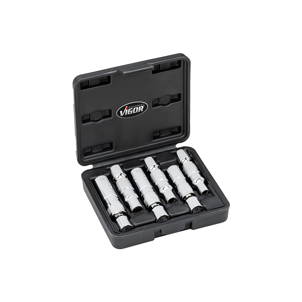 VIGOR Zestaw do wyciągania świec żarowych ∙ V7016/6 ∙ Zabierak kwadratowy drążony 3/8 cala (10 mm) ∙ Profil zewnętrzny 12-kątny ∙ 6‑częściowy ∙ 8 ∙ 9 ∙ 10 ∙ 12 ∙ 14 ∙ 16 ∙ Liczba narzędzi: 6