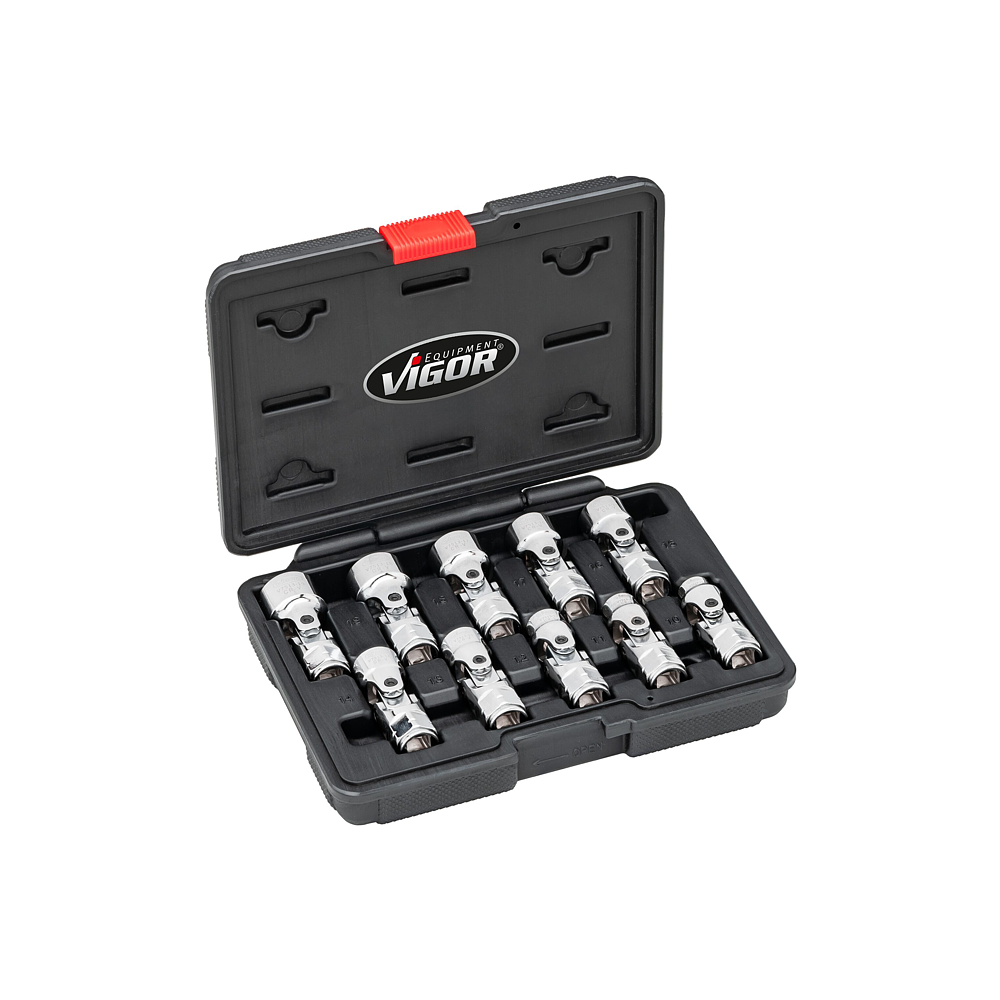 VIGOR Zestaw kluczy nasadowo-przegubowych ∙ V7513 ∙ Zabierak kwadratowy drążony 3/8 cala (10 mm) ∙ Profil zewnętrzny 12-kątny ∙ 10‑częściowy ∙ 10 – 19 mm ∙ Liczba narzędzi: 10